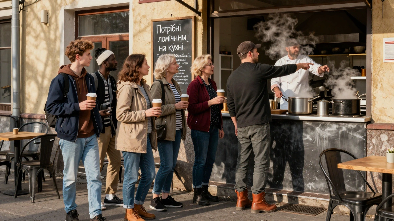 Група людей стоїть перед кафе на вулиці Січових Стрільців, шеф-повар показує на кухню.