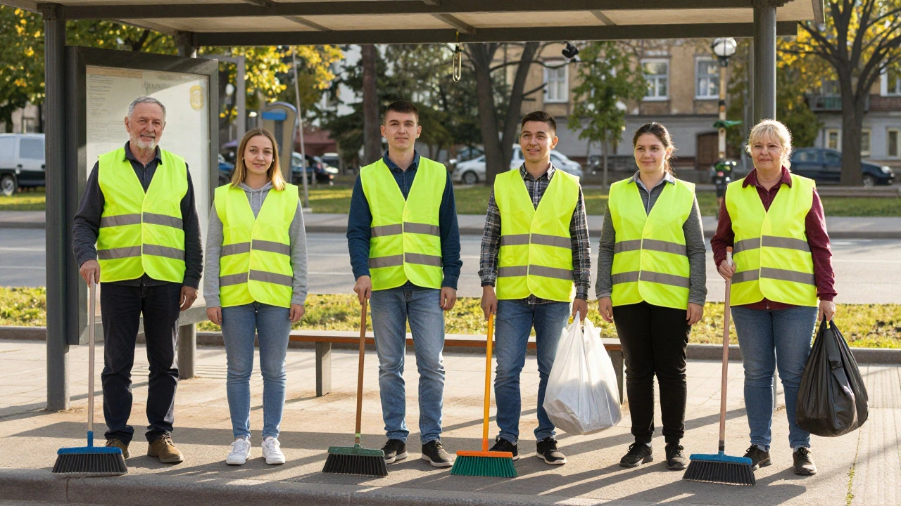 Група працівників-дворників чекає на початок зміни біля автобусної зупинки в Києві.