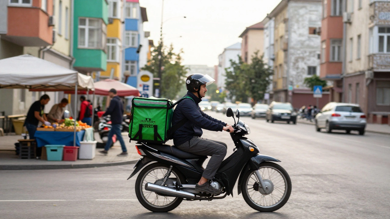 Кур'єр на мотоциклі робить доставку в Києві вранці.