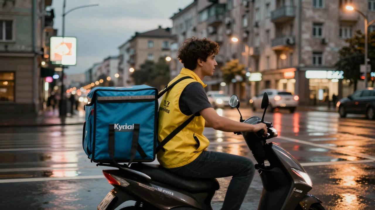 Кур'єр на самокаті доставляє замовлення вночі в Києві