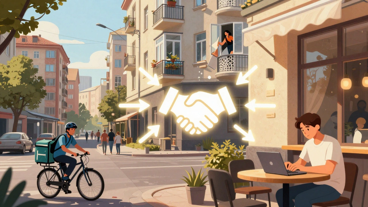 Кур’єр, прибиральниця та віддалений працівник у сучасному Києві.