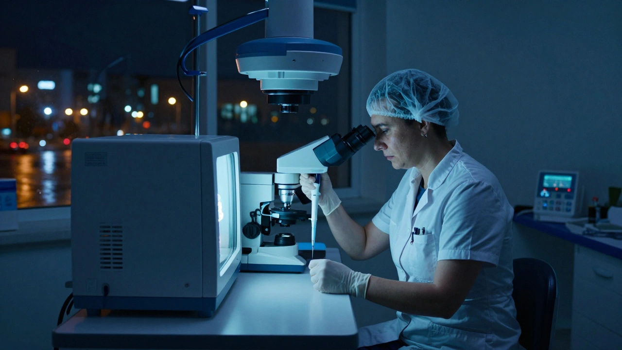 Лікар працює в лабораторії ЕКО вночі, оточений сучасним обладнанням.