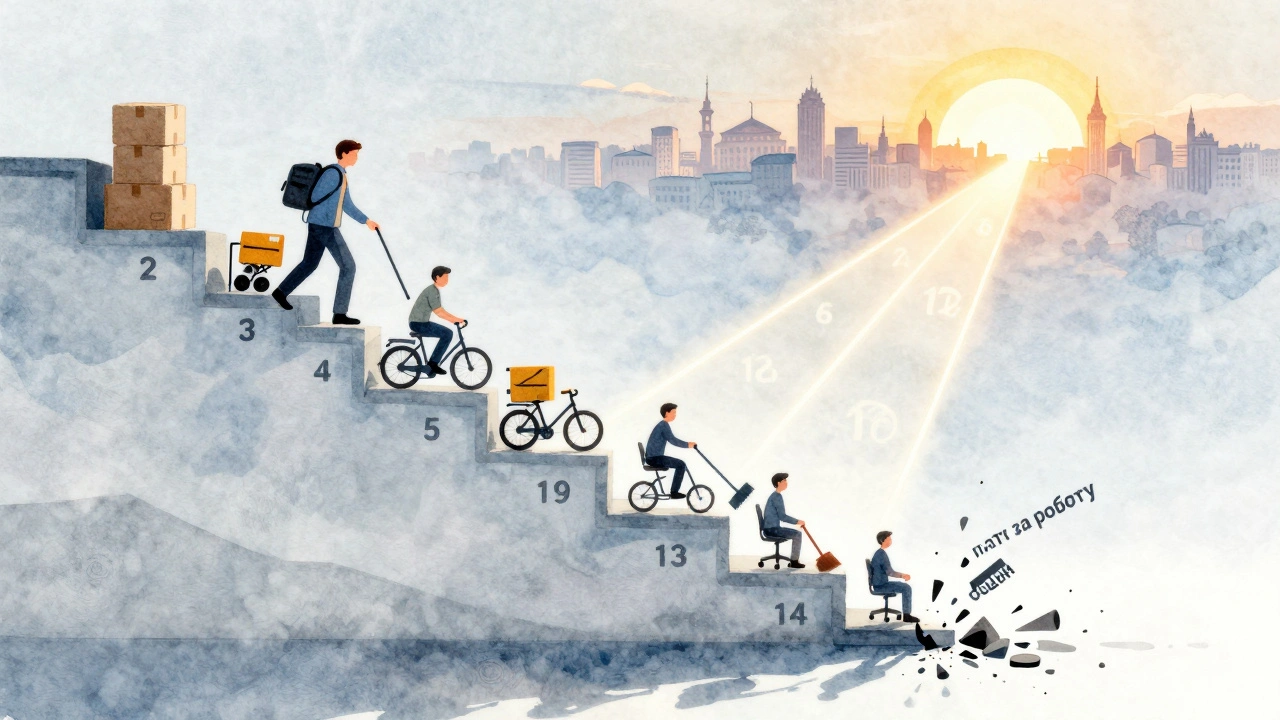 Людина піднімається сходами з робочими іконами до сонця над Києвом