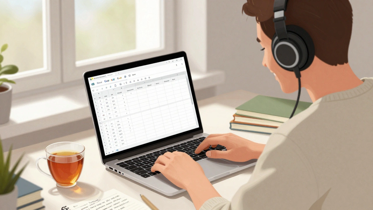 Людина працює вдома з ноутбуком і таблицями Google, сонячний день.