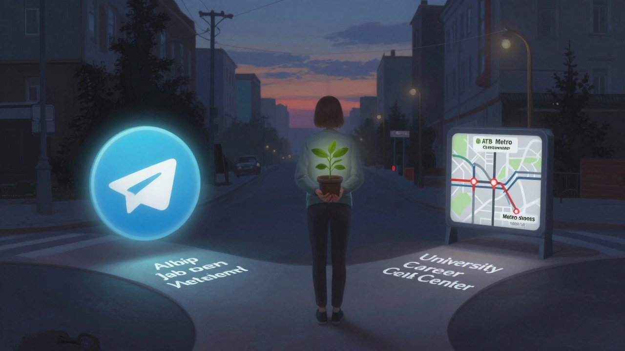 Людина стоїть на розі в Києві, де шляхи ведуть до роботи, університету та самопідтримки.