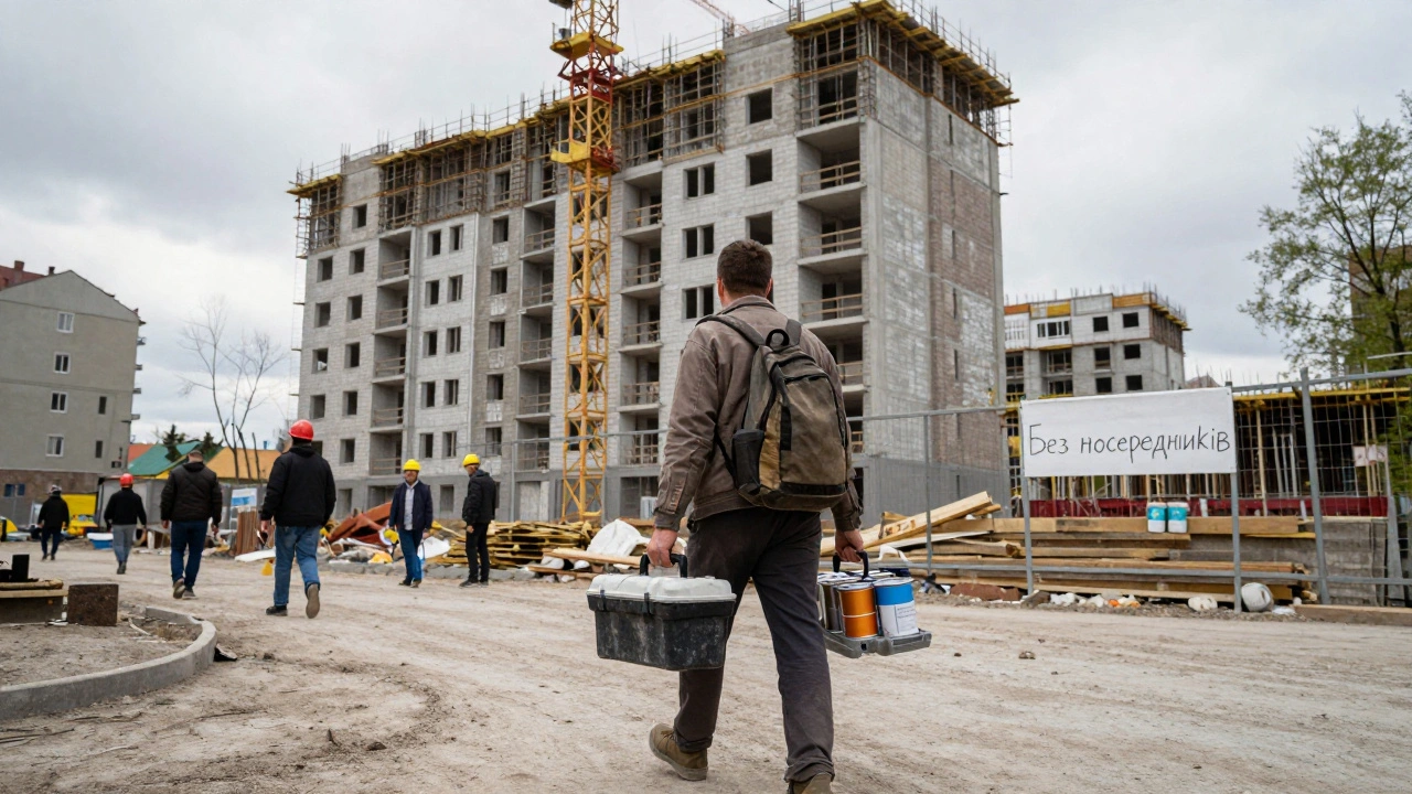 Маляр іде до будівельного майданчика в передмісті Києва зі скринькою інструментів, навколо — будівництво житлового комплексу.