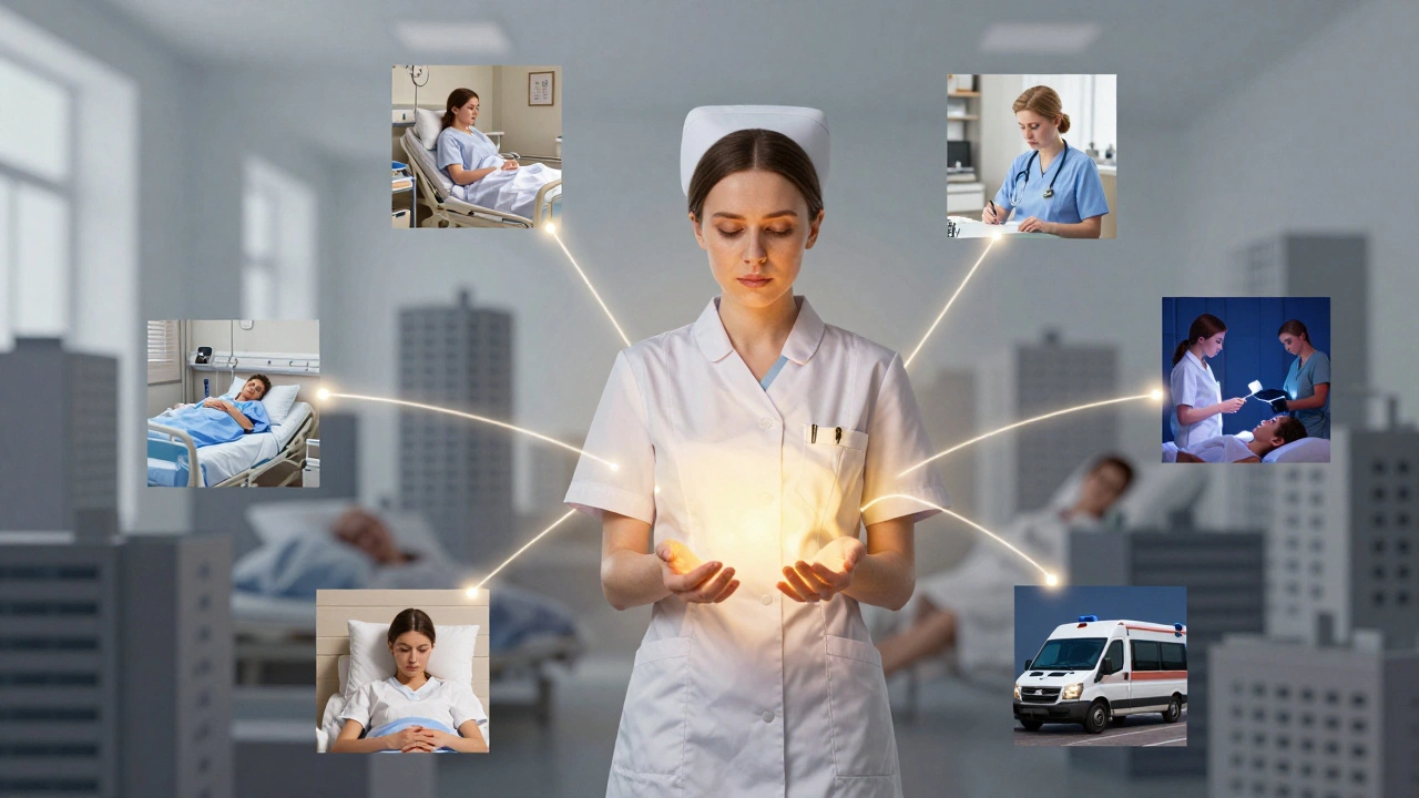 Медсестра в центрі міста, що з'єднує різні сфери роботи: лікарня, дім, косметичний кабінет — символ відповідальності.