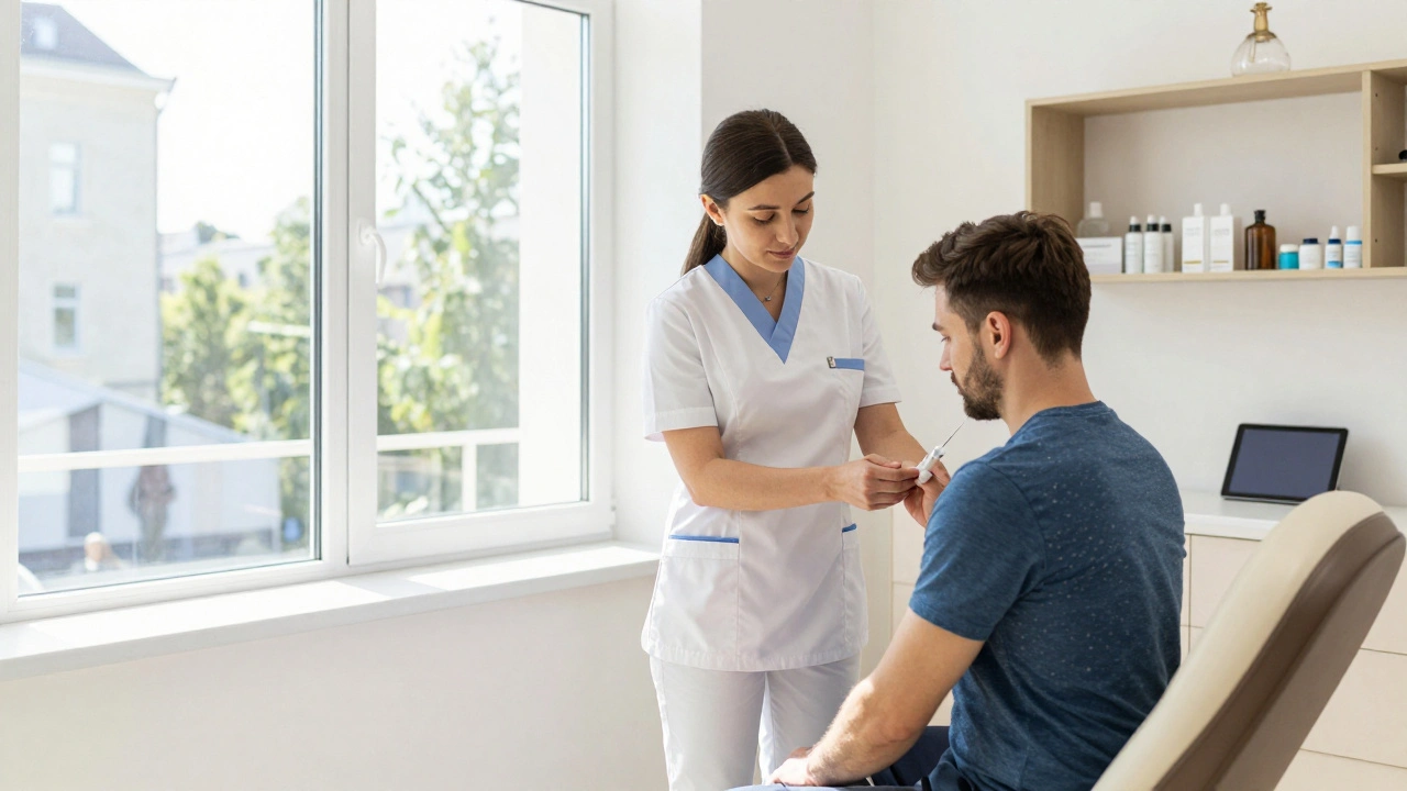 Медсестра в приватній клініці Києва вводить ін'єкцію пацієнтові у сучасному кабінеті з вікнами на вулицю.