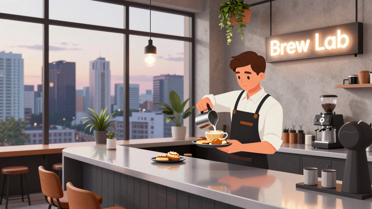 Молодий бариста в сучасній кав’ярні Оболоні робить лате-арт, за вікном — міський пейзаж.