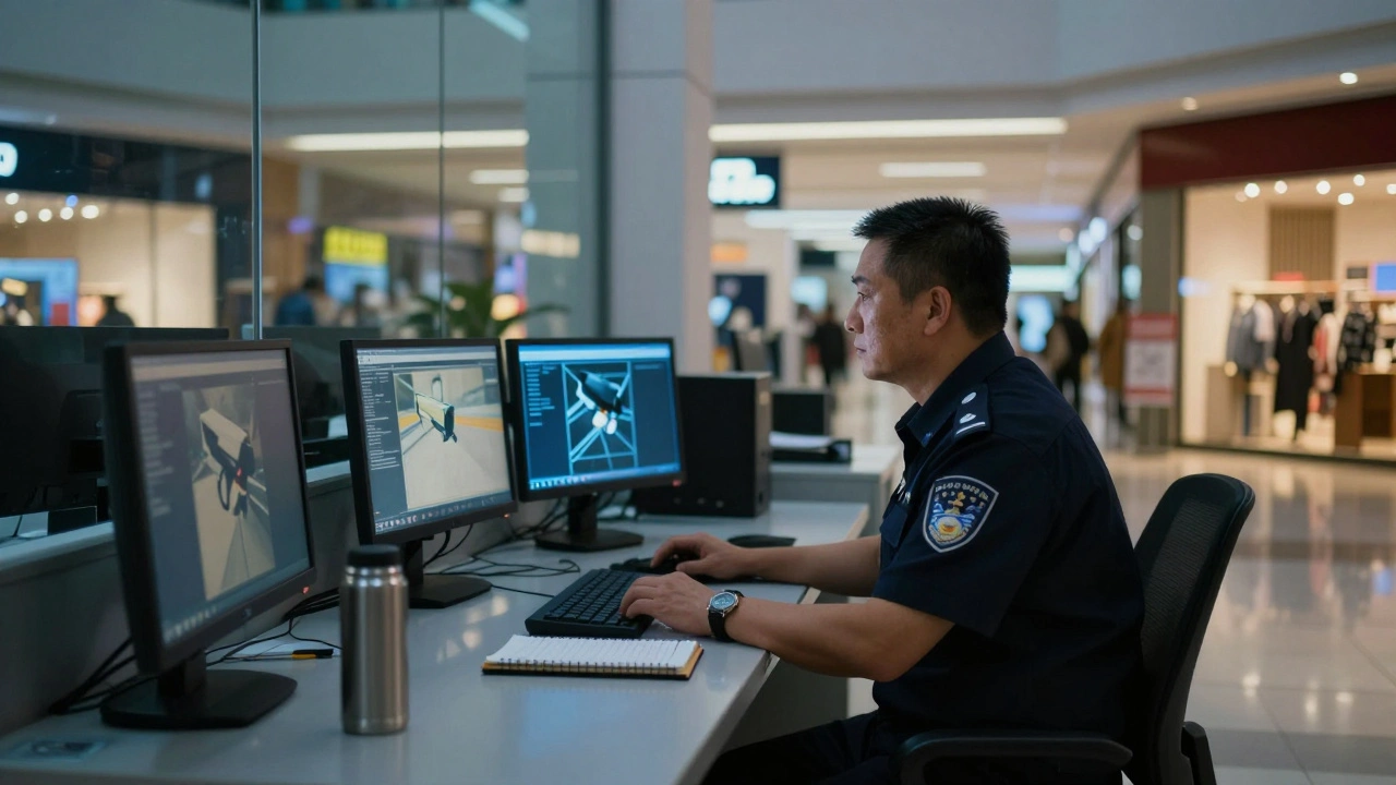 Охоронець сидить за пультом у торговому центрі під час нічної зміни.