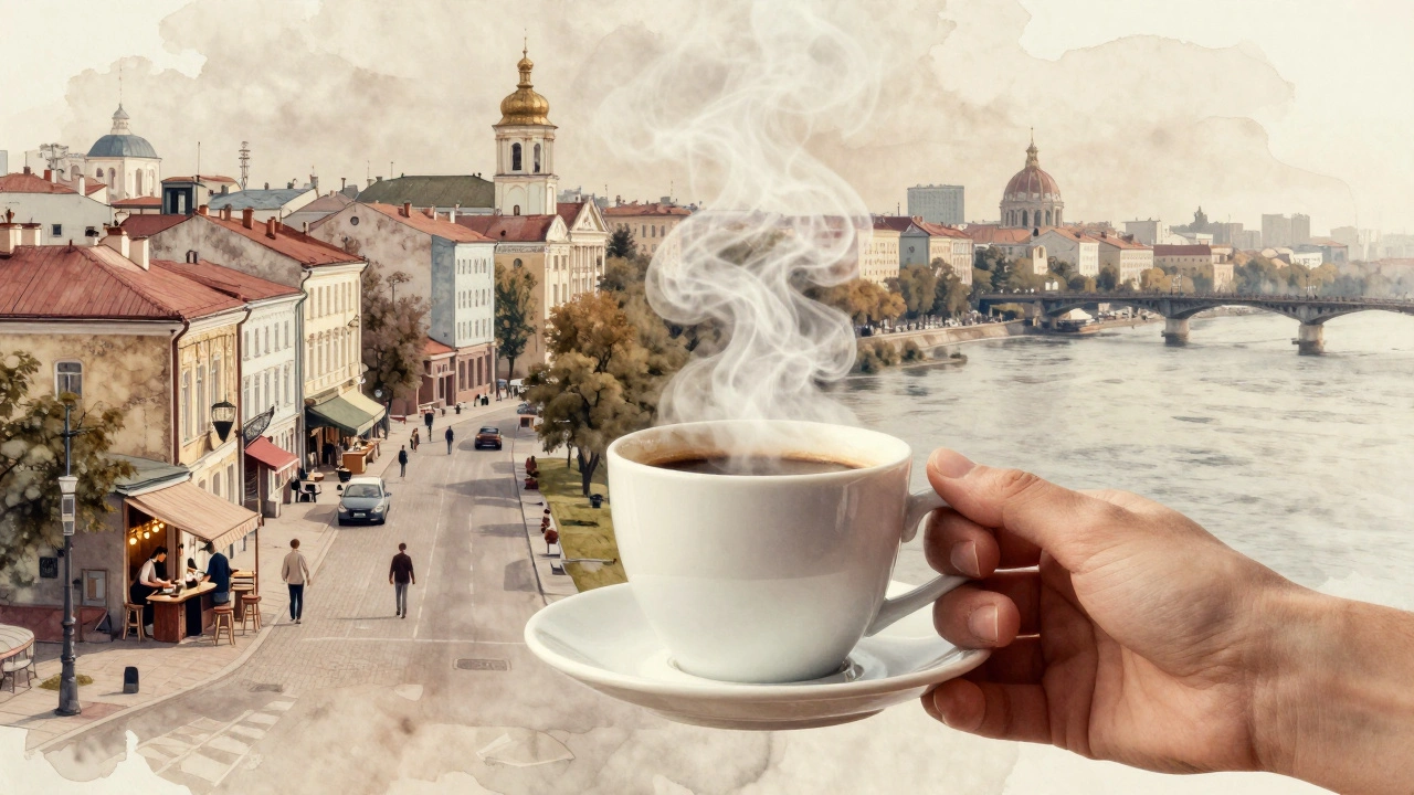Пара чашки кави з парою, у якій відображається панорама Києва — Поділ, Оболонь, Дніпро.