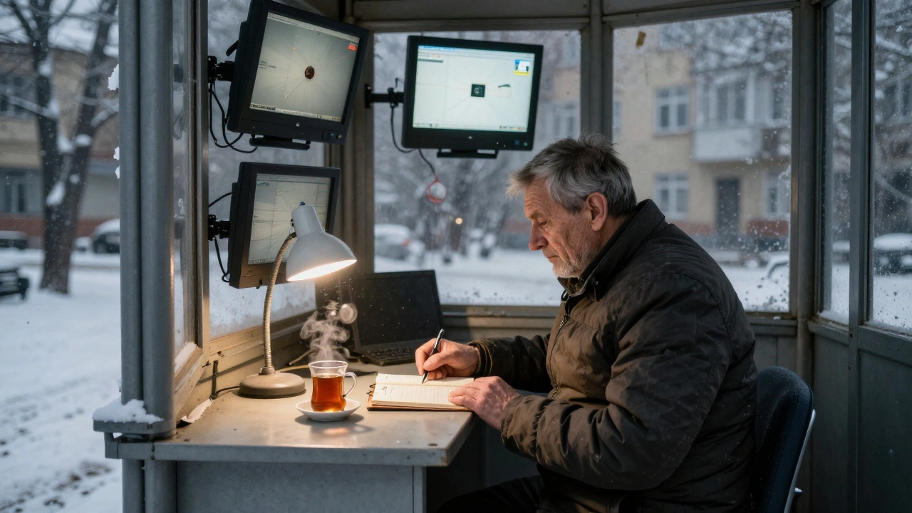 Пенсіонер-охоронець веде облік у будинку на Лівобережжі, сидячи біля лампи.