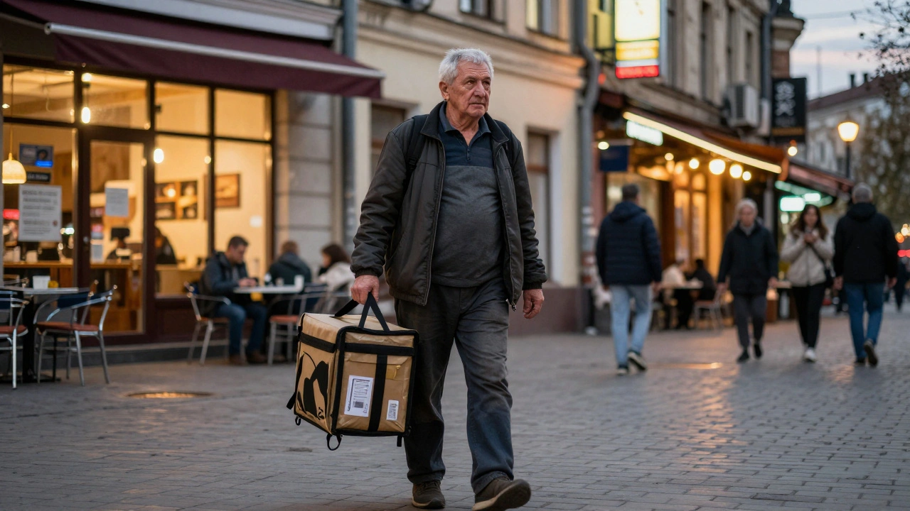 Піший кур’єр у віці 57 років несе посилки в центрі Києва ввечері.