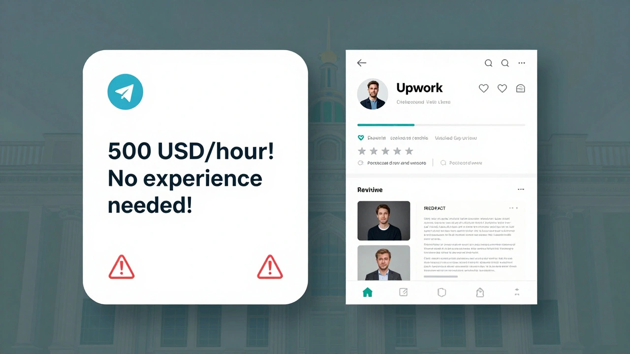 Порівняння шахрайської пропозиції в Telegram і професійного профілю на Upwork з відгуками.