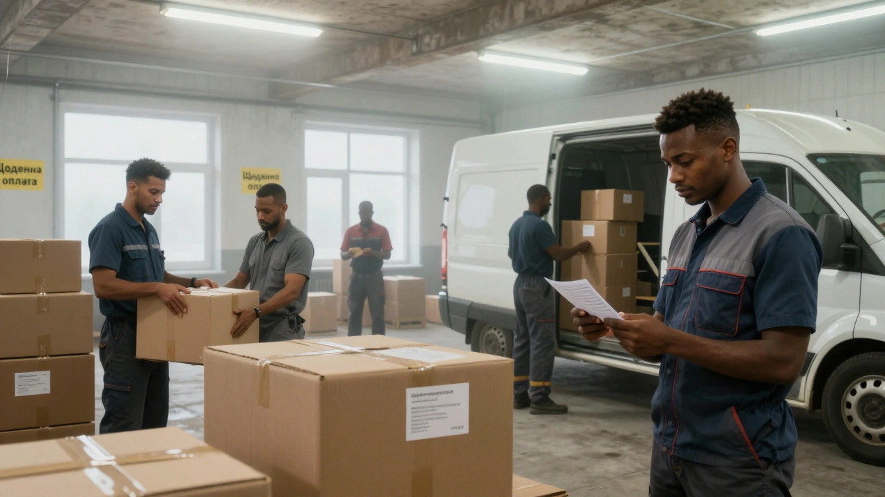 Працівники на складі завантажують вантажівку, отримуючи щоденну оплату.