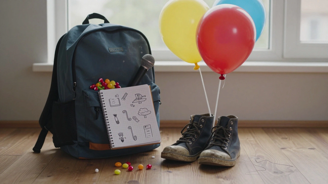 Речі аніматора: кульки, мікрофон і зошит ігор на підлозі