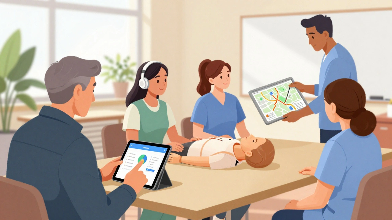 Різні люди проходять практичне навчання на роботі: диспетчер, медсестра та кур'єр