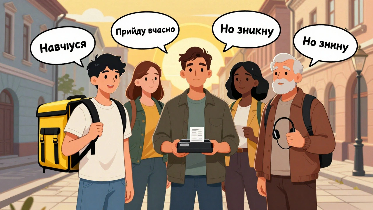 Різні люди в Києві з різними роботами: кур’єр, касир, оператор — разом на вулиці.