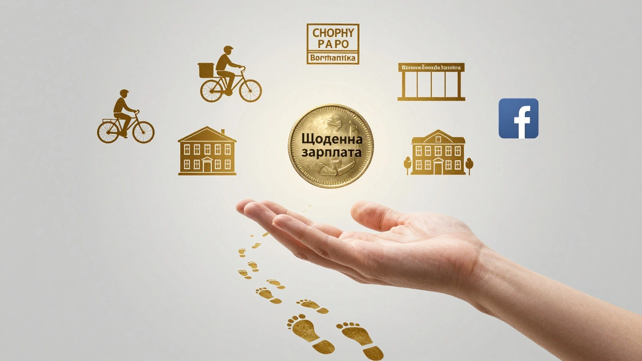 Рука ловить монету з написом «Щоденна зарплата», навколо — символи Борщагівки.