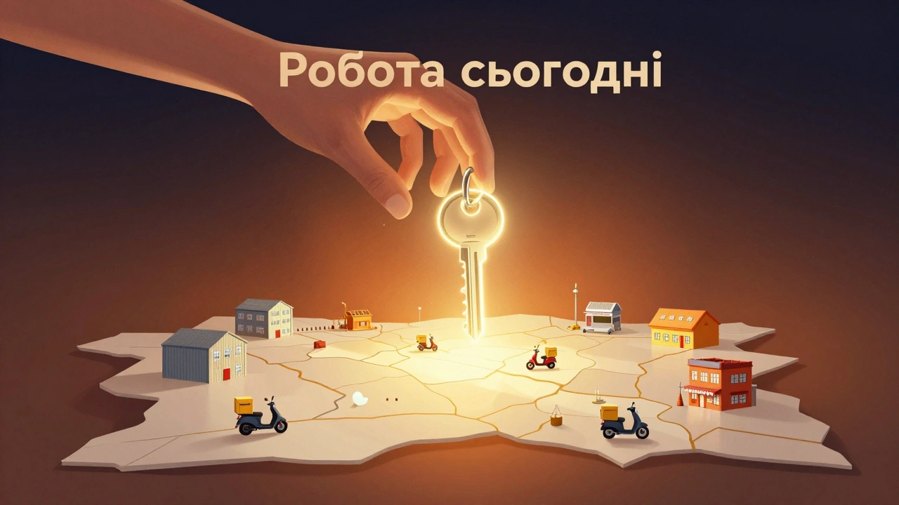 Рука тягнеться до світлої ключа з написом 'Робота сьогодні' над картою Лівого берега Києва.