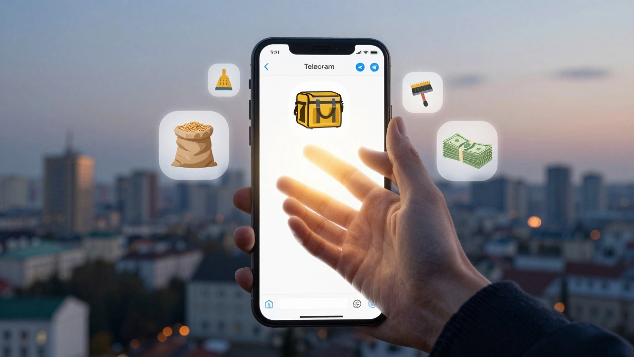Рука витягує з Telegram-чата символи робіт: рюкзак, пакувальник, готівка — символ надії.