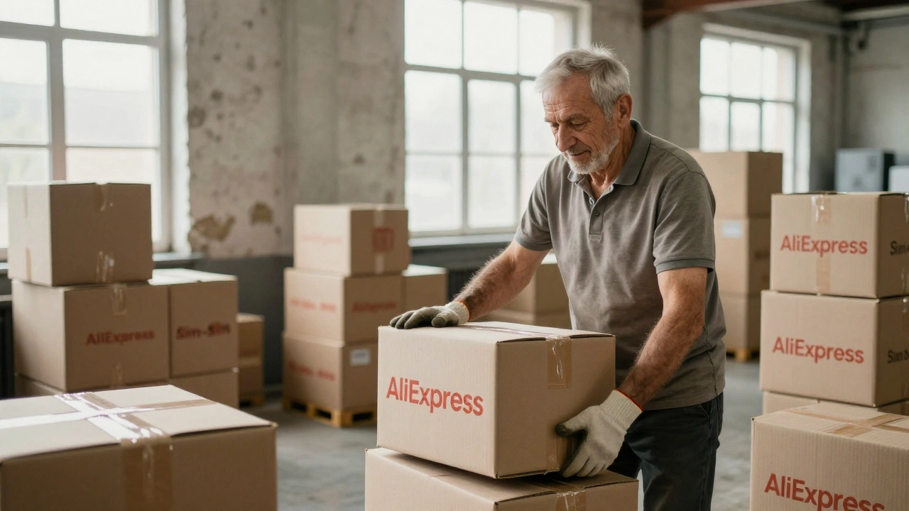Старший чоловік завантажує коробки на складі в Оболоні, Київ.