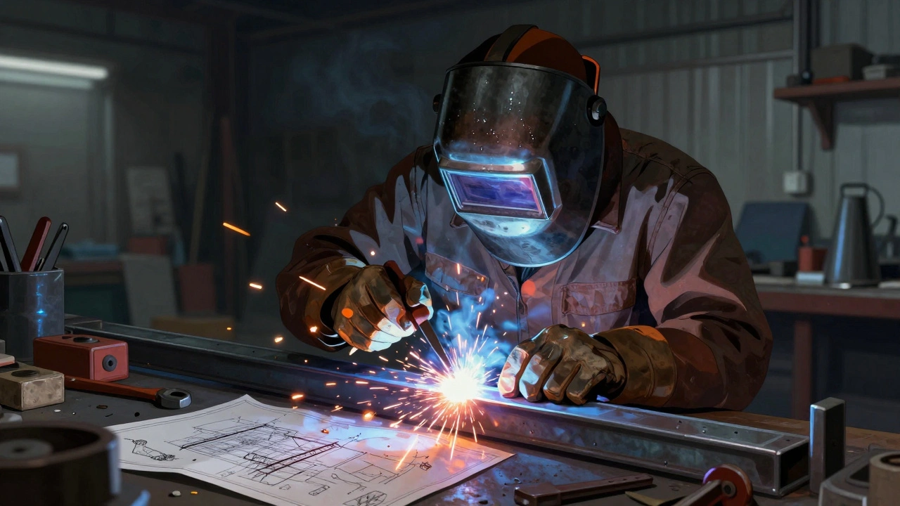 Сварщик працює зі спалахами іскр у майстерні.