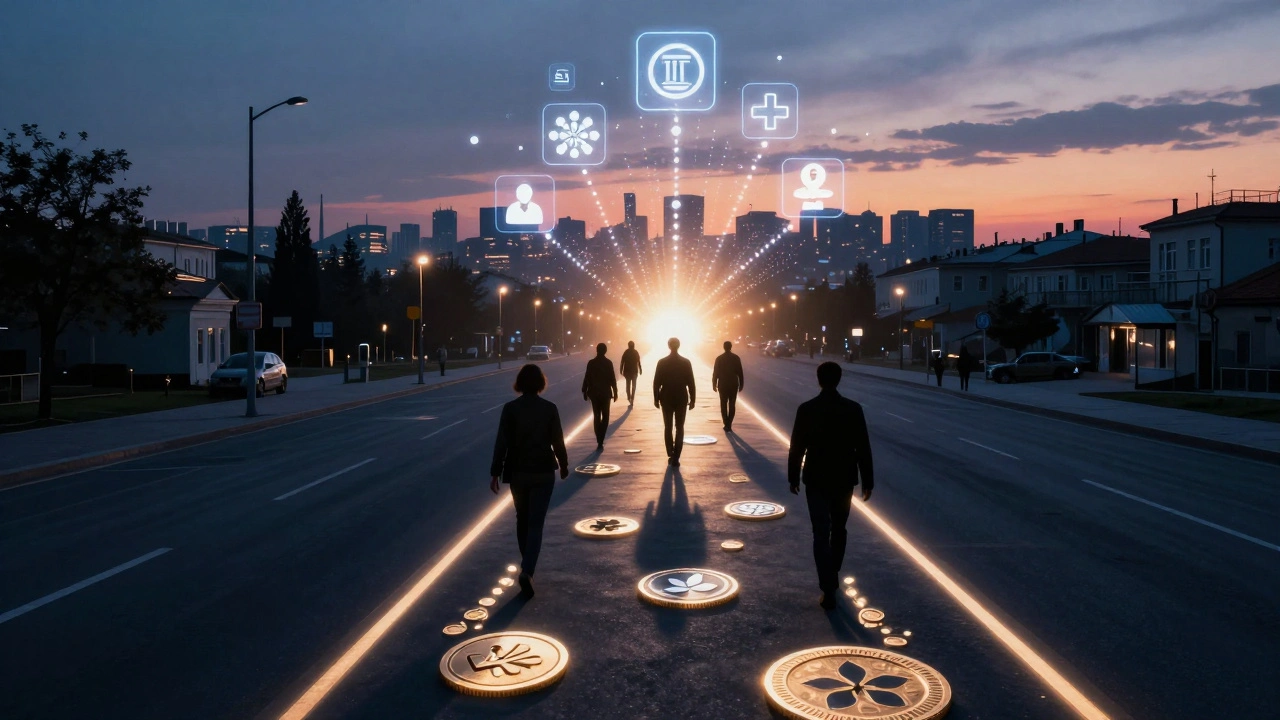 Світла доріжка з професійними іконами веде з темного вулиці до яскравого Києва