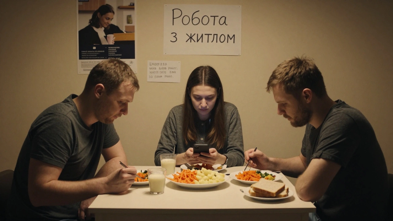 Три людини їдять просту їжу в спільній кімнаті в Києві