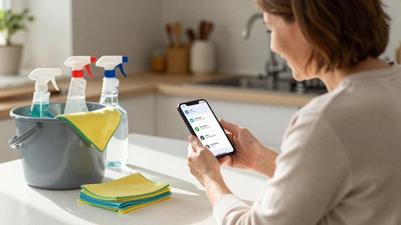 Жінка 50+ отримує три пропозиції роботи на телефоні вдома, навколо неї — інструменти для прибирання.