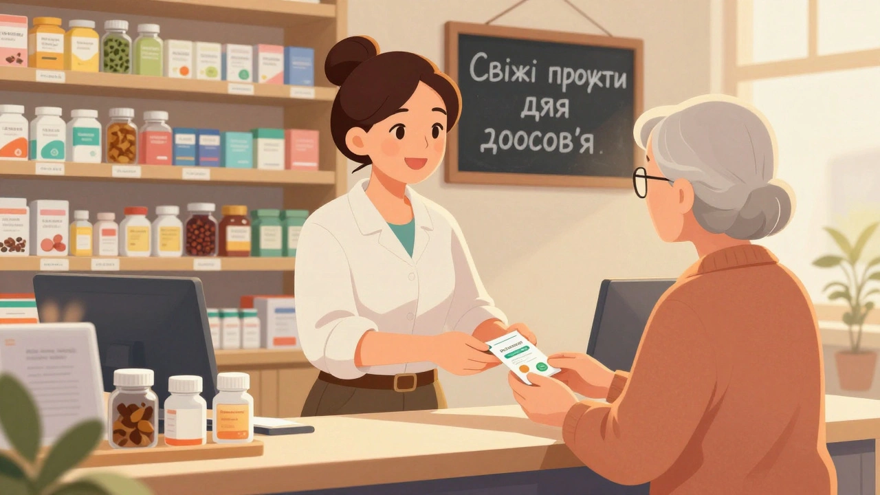 Жінка 60+ продає ліки в аптекі, обслуговує літнього клієнта з добрим настроєм.