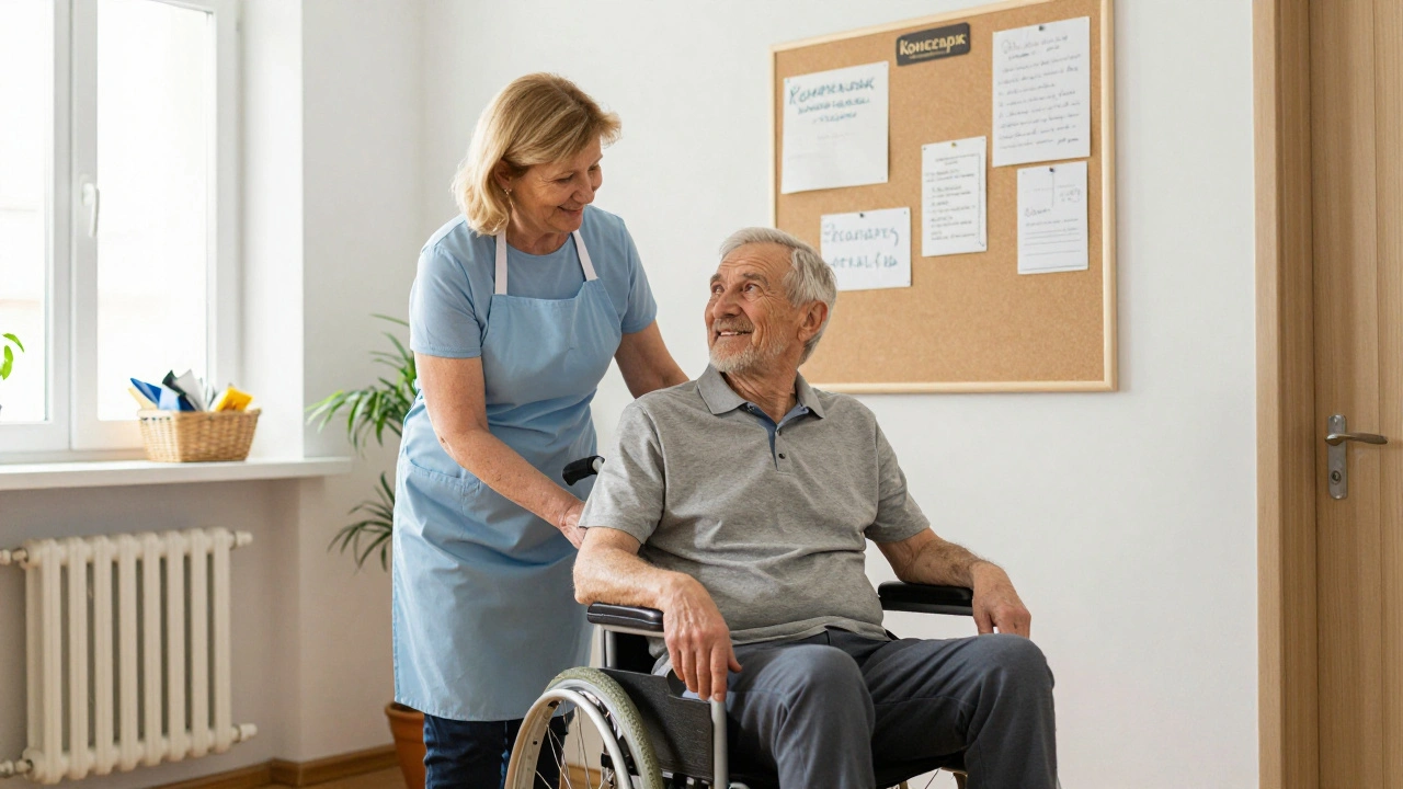 Жінка допомагає літньому чоловікові сісти в інвалідне крісло у коридорі будинку.