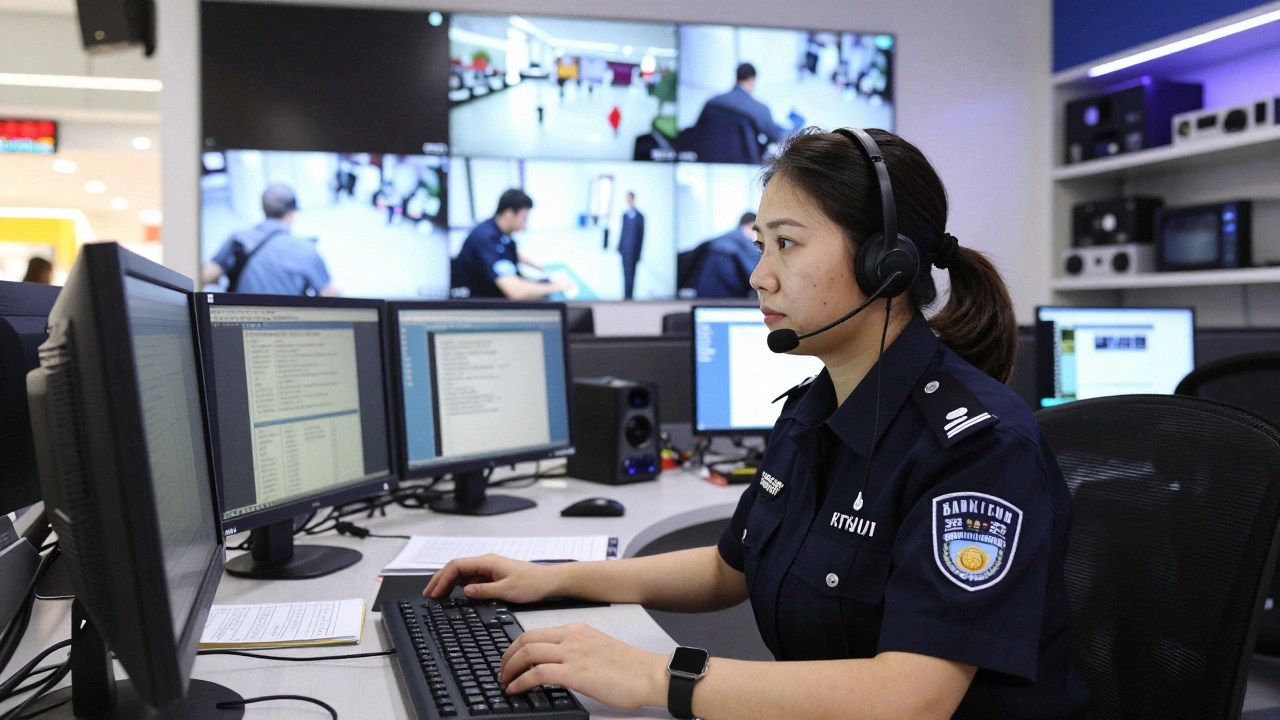 Жінка-охоронець спостерігає за камерами в контрольній кімнаті торговельного центру.