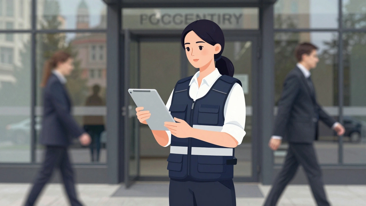 Жінка-охоронець стоїть на вхіді до офісної будівлі в Печерському районі Києва.