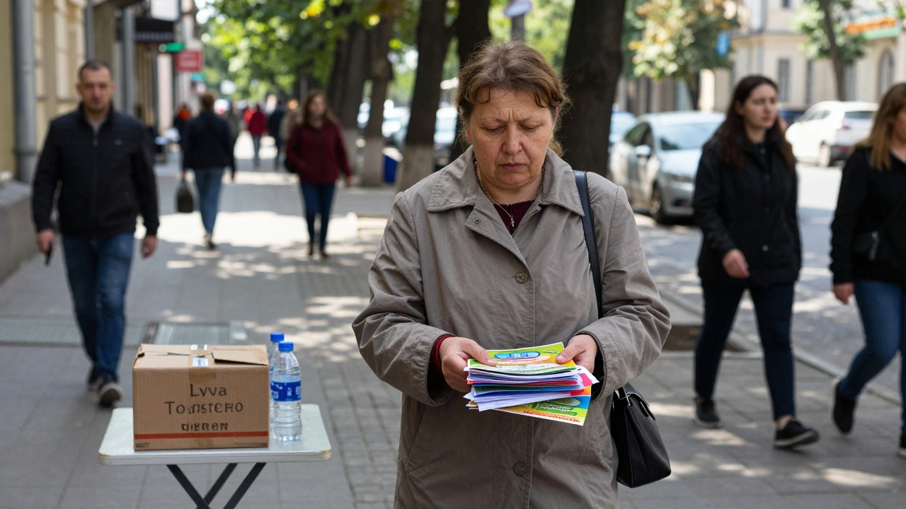 Жінка посеред вулиці Льва Толстого роздає листівки, навколо — прохідці та міський пейзаж.