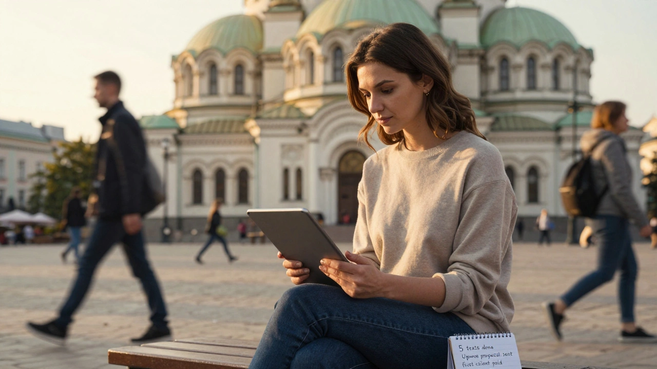 Жінка працює з планшетом на скамейці біля Софійського собору в Києві, нотатки про перші успіхи.
